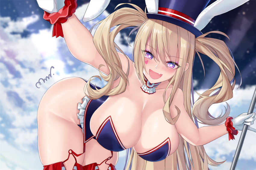 1girl animal_ears azur_lane blonde_hair blue_eyes blue_leotard blue_thighhighs breasts cleavage facial_mark fake_animal_ears fang frilled_leotard frills guam_(azur_lane) guam_(stage-setting_charmer)_(azur_lane) hanging_breasts hat heart heart_facial_mark heart_sticker holding holding_microphone_stand large_breasts leotard microphone_stand mrnn official_alternate_costume outstretched_arm playboy_bunny skin_fang smile star-shaped_pupils star_(symbol) symbol-shaped_pupils thighhighs top_hat twintails undersized_breast_cup