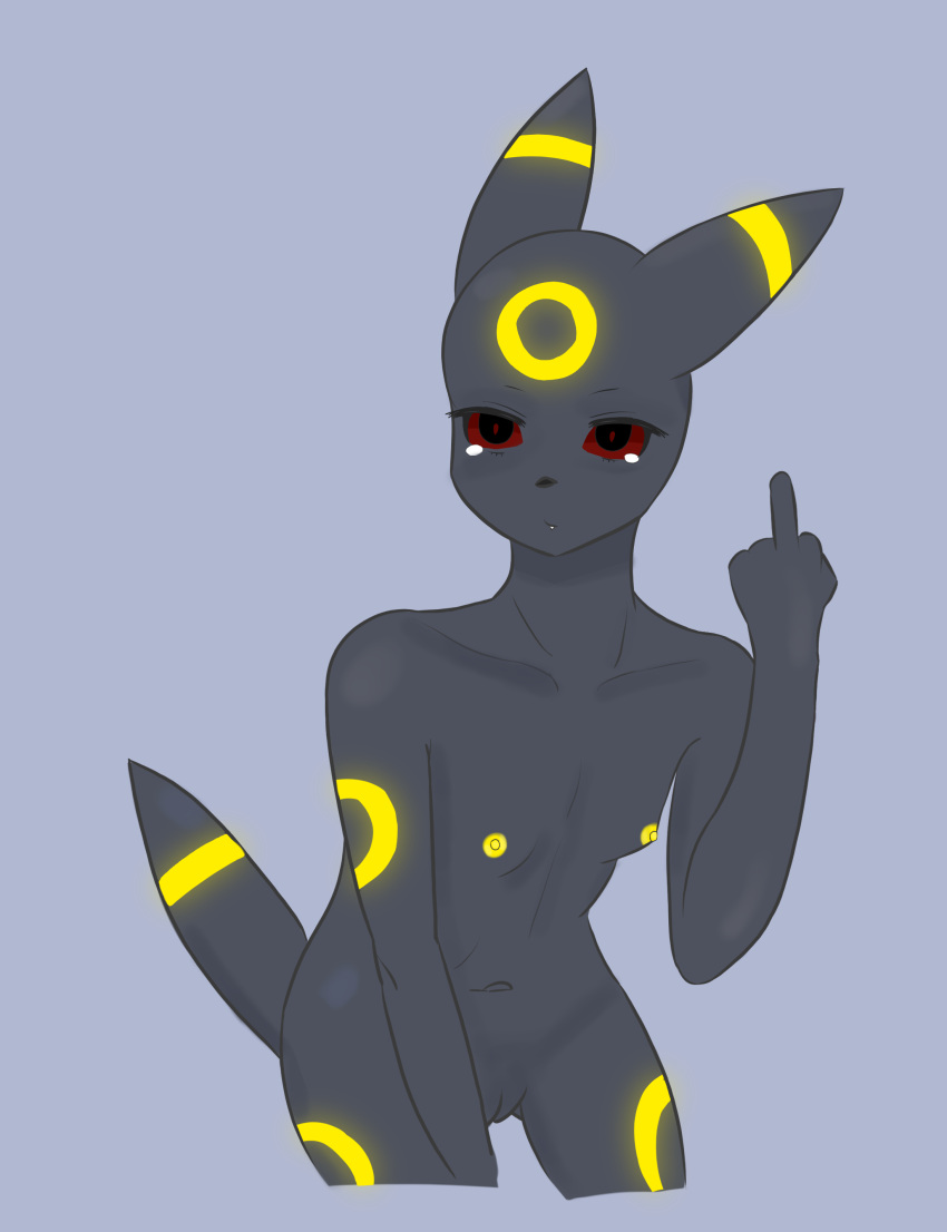 absurd_res annoyed anthro areola biped bodily_fluids breasts e10109 eeveelution female generation_2_pokemon genitals gesture hi_res looking_at_viewer middle_finger navel nintendo nipples pokemon pokemon_(species) pussy red_eyes simple_background small_breasts small_nose solo tail tears teeth umbreon