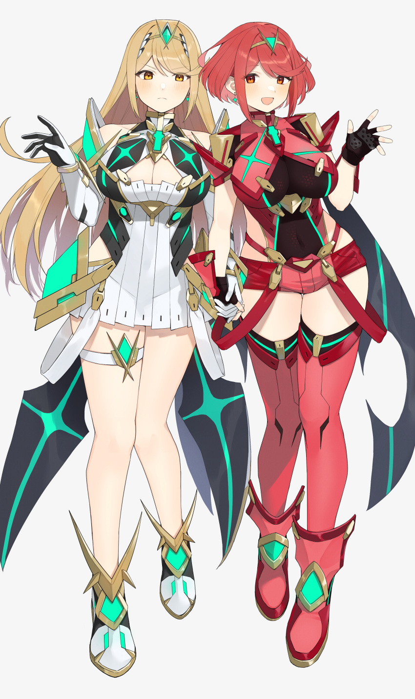 &gt;:( 2girls absurdres bare_shoulders blonde_hair blush breasts chest_jewel cleavage closed_mouth core_crystal_(xenoblade) covered_navel dangle_earrings drop_earrings earrings frown gem headpiece highres holding_hands jewelry kinagi_(3307377) large_breasts long_hair looking_at_viewer multiple_girls open_mouth pyra_(xenoblade) red_eyes red_hair red_shorts short_hair shorts smile swept_bangs tiara v-shaped_eyebrows wide_hips xenoblade_chronicles_(series) xenoblade_chronicles_2 yellow_eyes