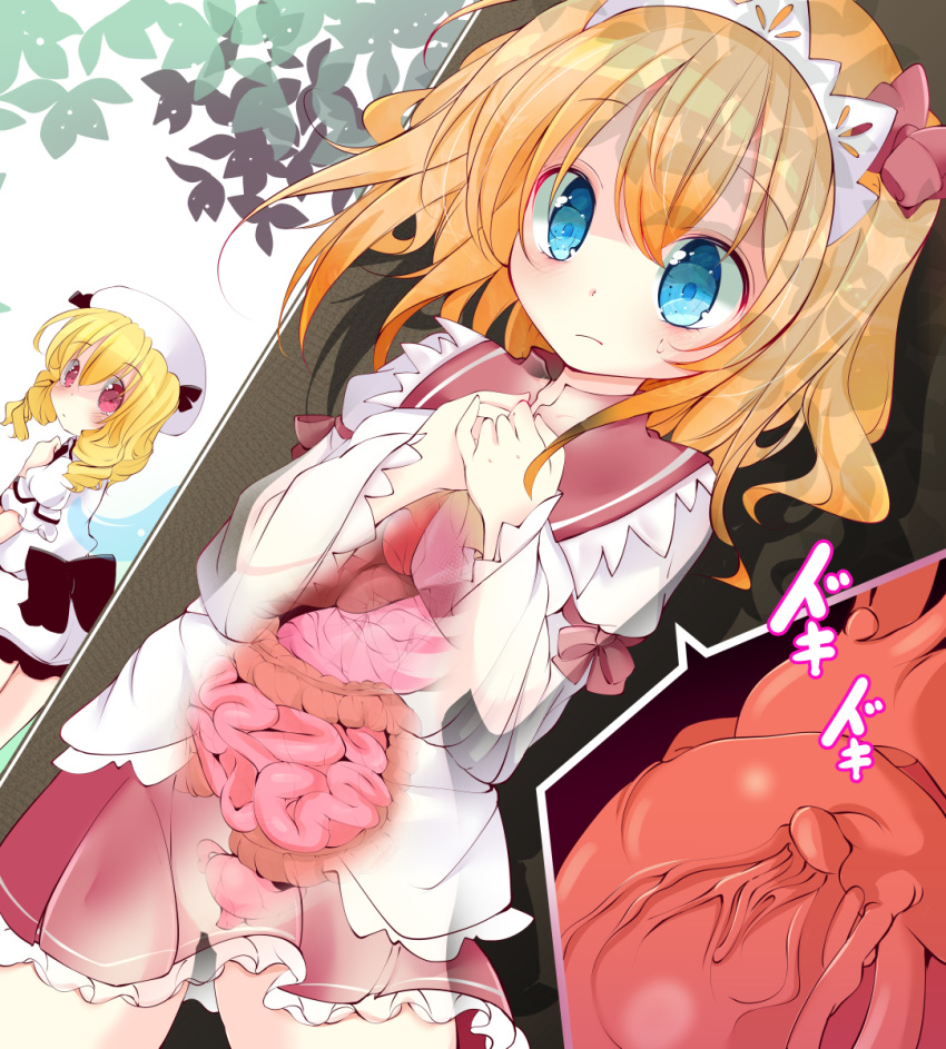 2girls blonde_hair blue_eyes blush dress drill_hair fairy_wings hands_on_own_chest heart_(organ) highres inasa_orange intestines liver luna_child miniskirt multiple_girls obi orange_hair red_dress red_skirt sash shirt short_dress skirt stomach_(organ) sunny_milk tiara touhou tree two_side_up uterus white_dress white_shirt wings x-ray