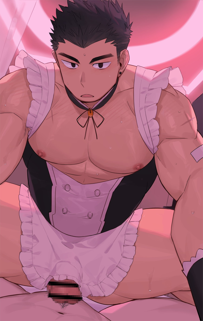 2boys apron bar_censor bara bare_pectorals black_collar black_dress black_eyes black_hair blush boy_on_top censored clothes_lift collar couple crossdressing dress earrings erection frilled_apron frills gondom highres jewelry large_pectorals maid male_focus male_maid mosaic_censoring multiple_boys muscular muscular_male navel_hair open_mouth original pectorals pelvic_curtain pelvic_curtain_lift penis scar scar_on_chest scar_on_shoulder short_hair sideburns solo_focus spiked_hair stud_earrings sweat thick_eyebrows thick_thighs thighs white_apron wrist_cuffs yaoi