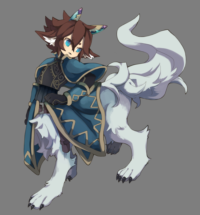 1boy animal_ear_fluff animal_ears belt black_gloves blue_capelet blue_eyes blue_pupils brown_hair capelet centauroid claws coat collared_capelet full_body gloves grey_background grey_fur hair_between_eyes hand_on_own_hip hand_up high_collar highres inumimi-syndrome looking_to_the_side male_focus monster_boy open_mouth pixiv_fantasia pixiv_fantasia_last_saga ringed_eyes short_eyebrows short_hair simple_background solo tail taur walking wolf_boy wolf_ears wolf_tail