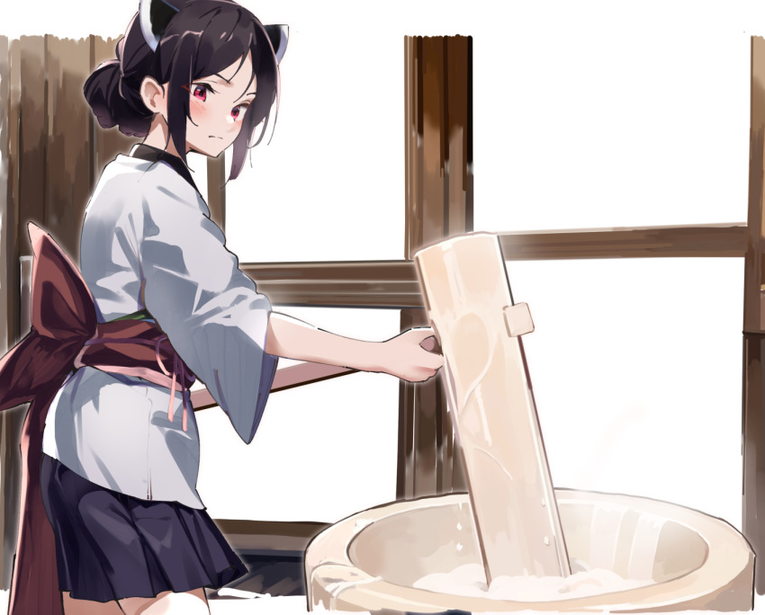 1girl black_hair black_skirt blush closed_mouth commentary_request hair_bun headgear holding indoors japanese_clothes kimono kine lamb_(hitsujiniku) long_sleeves mallet mochitsuki mortar_(bowl) obi parted_bangs pleated_skirt red_eyes sash skirt solo touhoku_kiritan v-shaped_eyebrows voiceroid white_kimono wide_sleeves window