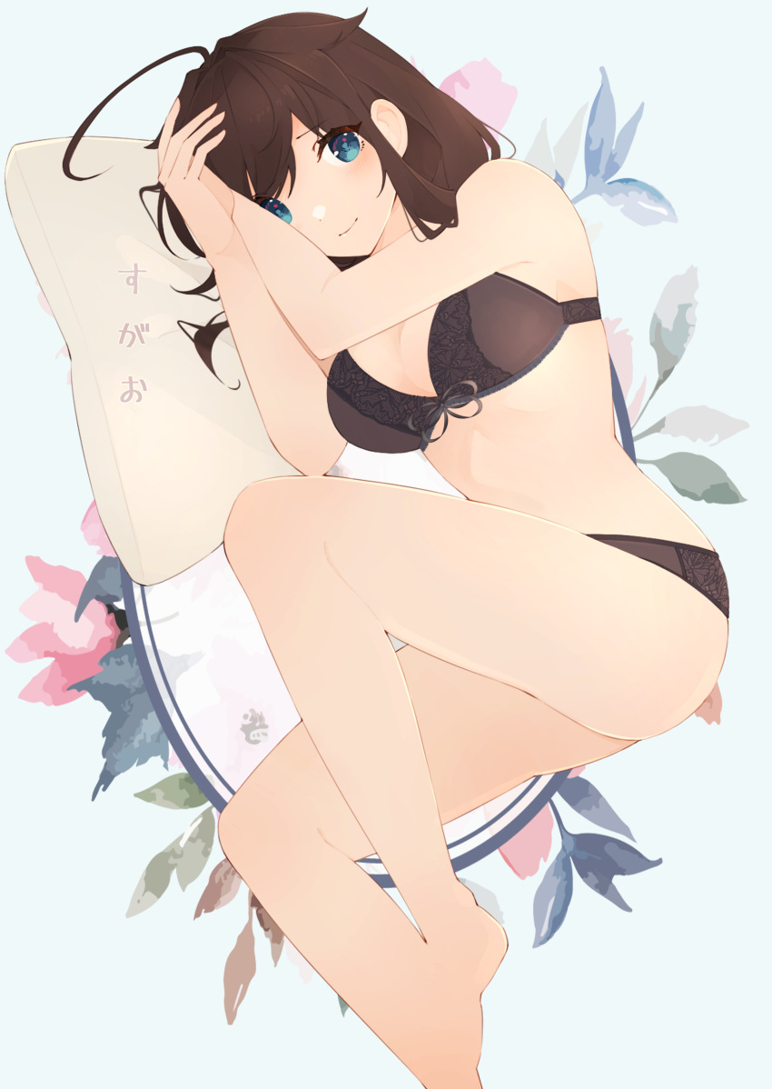 1girl absurdres ahoge barefoot black_bra black_panties blue_eyes blush bra breasts brown_hair cleavage closed_mouth flower hair_down hair_flower hair_ornament highres kantai_collection large_breasts long_hair looking_at_viewer lying on_side own_hands_together panties pillow shakemi_(sake_mgmgmg) shigure_(kancolle) simple_background solo underwear underwear_only