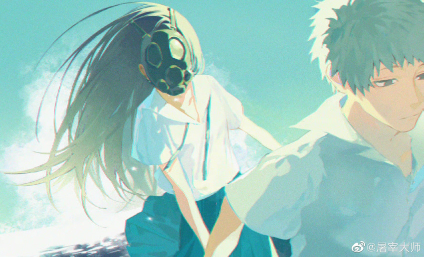 1boy 1girl black_eyes black_hair blue_skirt blue_sky character_request check_character chinese_commentary chromatic_aberration closed_mouth cloud collared_shirt commentary_request covered_face expressionless film_grain floating_hair following gas_mask grey_hair half-closed_eyes highres hino_seitarou holding_hands kurai_heya long_hair looking_down mask neck_ribbon oshikawa_keiko pleated_skirt ribbon shirt short_hair short_sleeves sidelighting skirt sky tuzaixia undone_neck_ribbon weibo_logo weibo_username