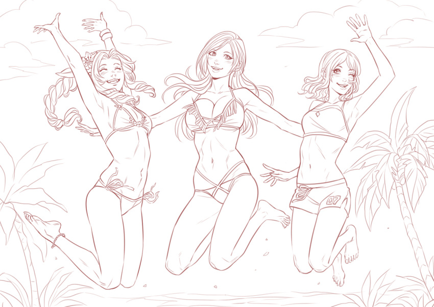 3girls aerith_gainsborough beach bikini breasts cissnei cleavage closed_eyes cloud cloudy_sky crylin6 final_fantasy final_fantasy_vii final_fantasy_vii_rebirth final_fantasy_vii_remake greyscale jumping large_breasts long_hair looking_at_viewer medium_breasts midriff monochrome multiple_girls navel one_eye_closed palm_tree shorts side-tie_bikini_bottom sky small_breasts smile stomach swimsuit tank_top tankini tifa_lockhart tree