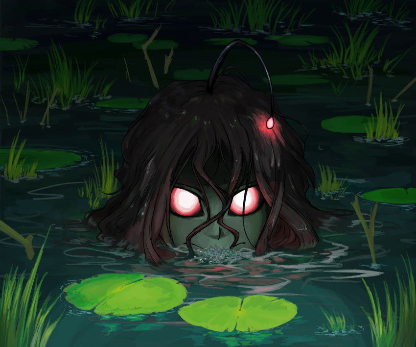 1girl bioluminescence brown_hair colored_skin glowing green_skin highres lily_pad monster_girl mouth_submerged night original outdoors pond red_eyes solo water zomboyaku