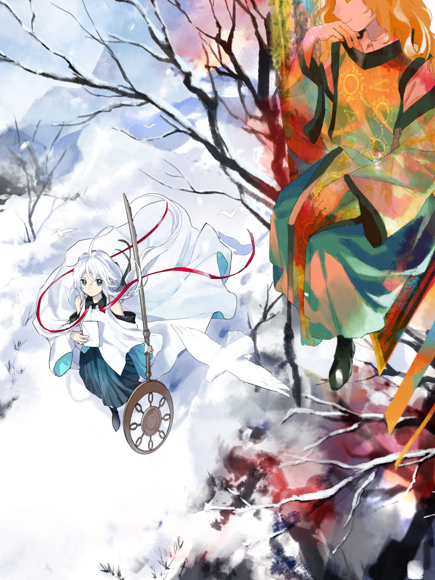 2girls absurdres ahoge bare_tree black_footwear blonde_hair boots commission constellation_print green_skirt grey_eyes highres kaigen_1025 long_hair matara_okina multiple_girls orange_sleeves original skeb_commission skirt snow tabard touhou tree white_hair wide_sleeves yellow_eyes