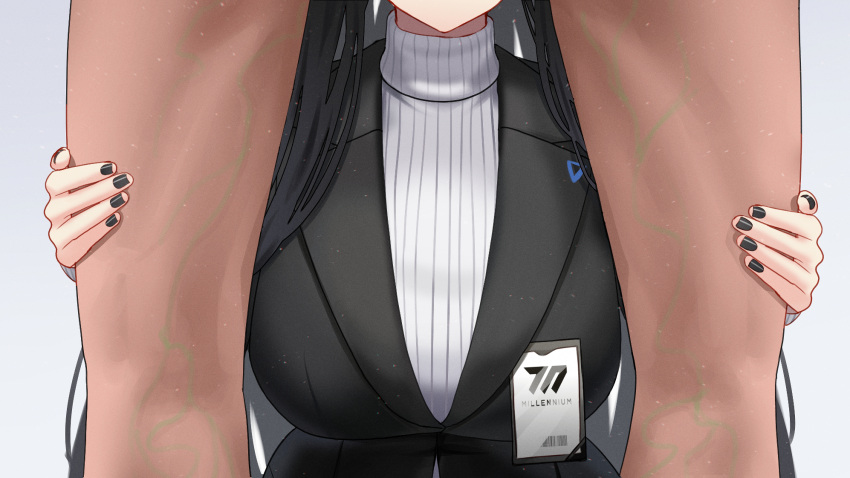 1boy 1girl black_nails blue_archive breasts fingernails grey_background head_out_of_frame highres id_card implied_fellatio large_breasts legs long_hair long_sleeves mijikayo_(user_eyyx8247) nail_polish ribbed_sweater rio_(blue_archive) simple_background sweater turtleneck turtleneck_sweater view_between_legs white_sweater