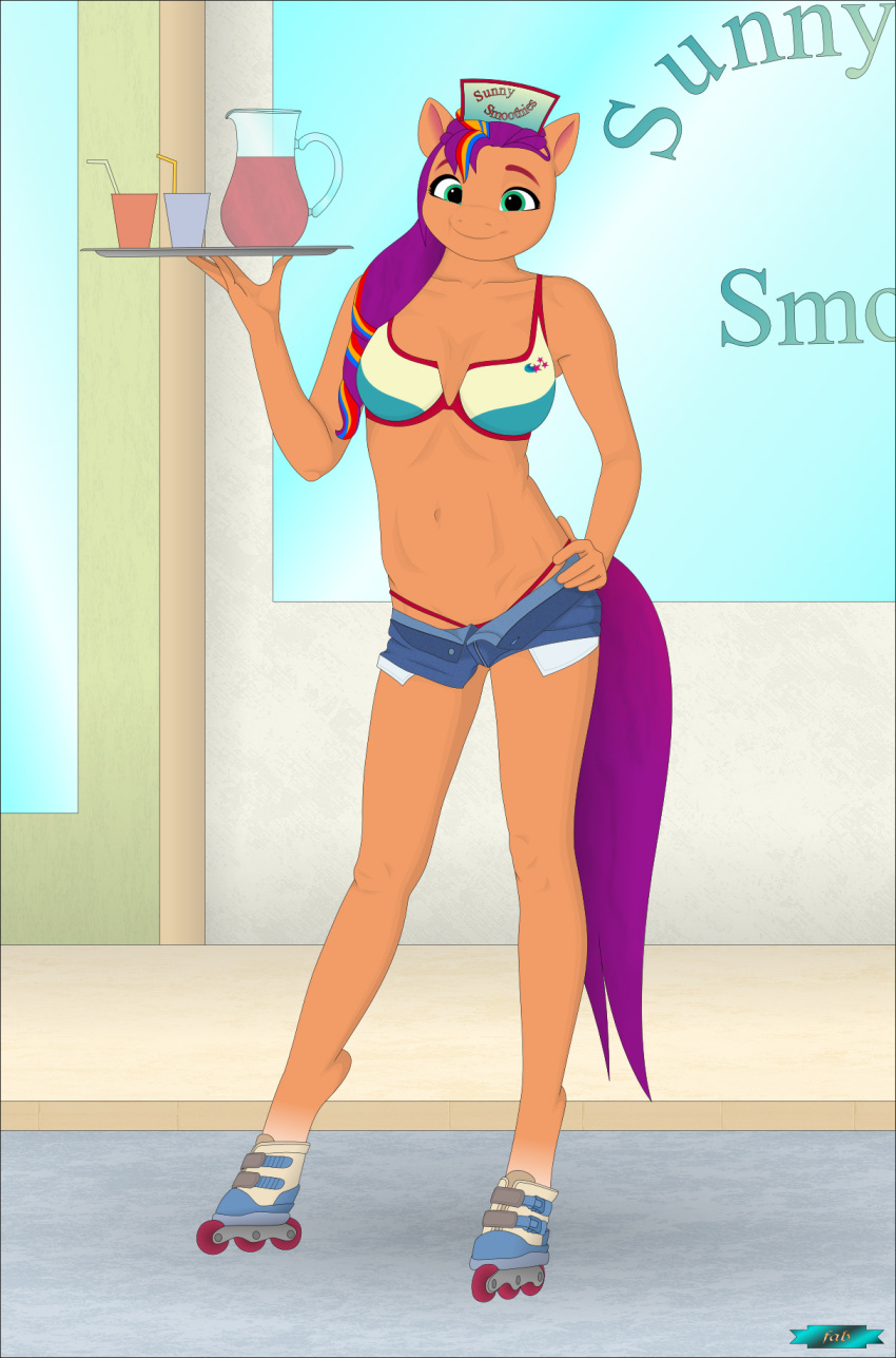 anthro bikini bottomwear clothing fab3716 female hasbro hi_res mlp_g5 my_little_pony my_little_pony:_a_new_generation rollers shorts solo sunny_starscout_(mlp) swimwear