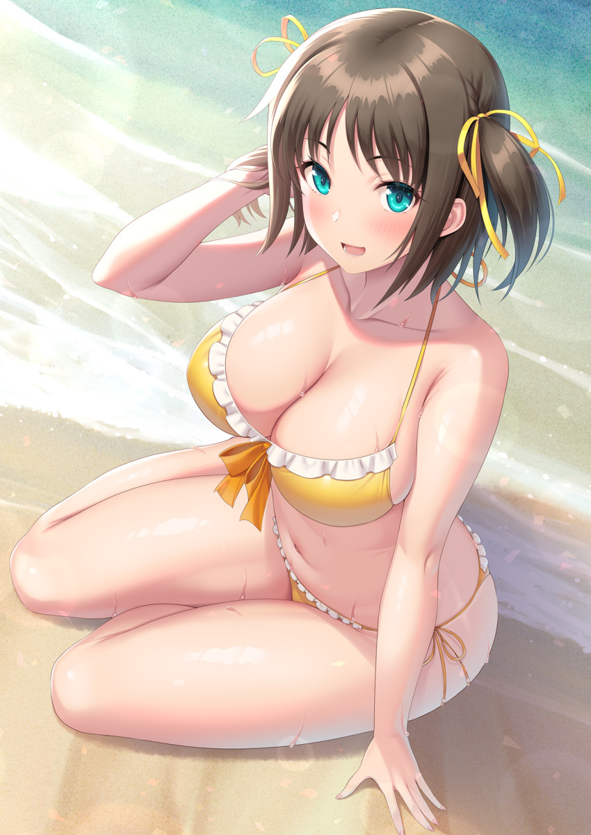 1girl beach bikini breasts brown_hair cleavage collarbone commentary_request day frilled_bikini frills green_eyes hair_ribbon hand_in_own_hair highres kawase_seiki large_breasts light_blush looking_at_viewer navel ocean open_mouth outdoors pink_nails ribbon ronye_arabel sand short_twintails sitting smile solo swimsuit sword_art_online sword_art_online:_alicization twintails wet yellow_bikini yellow_ribbon
