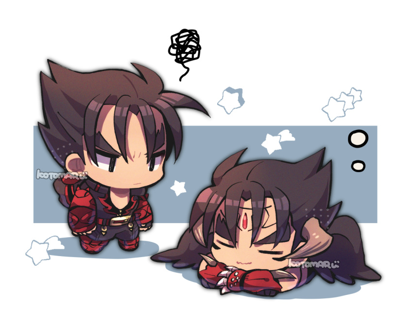 2boys belt black_eyes black_hair black_jacket black_pants black_wings brown_horns chibi closed_eyes closed_mouth devil_jin forehead_jewel gloves horns jacket kazama_jin kotorai looking_at_another male_focus multiple_boys pants red_belt red_gloves short_hair signature sleeping squiggle star_(symbol) studded_gloves tekken wings