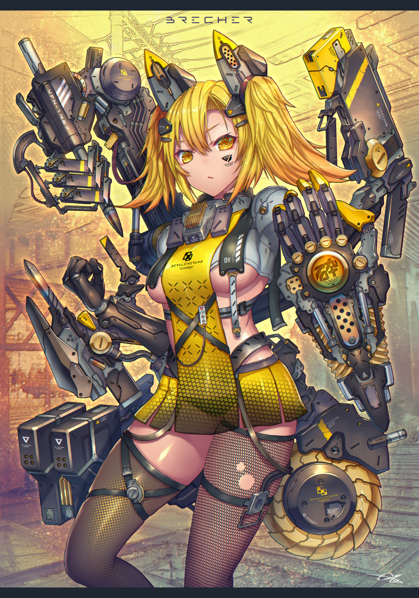 1girl blonde_hair breasts circular_saw cyberpunk fishnet_thighhighs fishnets gauntlets gia headgear highres letterboxed looking_at_viewer mecha_musume medium_breasts miniskirt original pile_bunker prosthesis prosthetic_arm saw single_gauntlet skirt solo thighhighs twintails underboob yellow_eyes yellow_theme