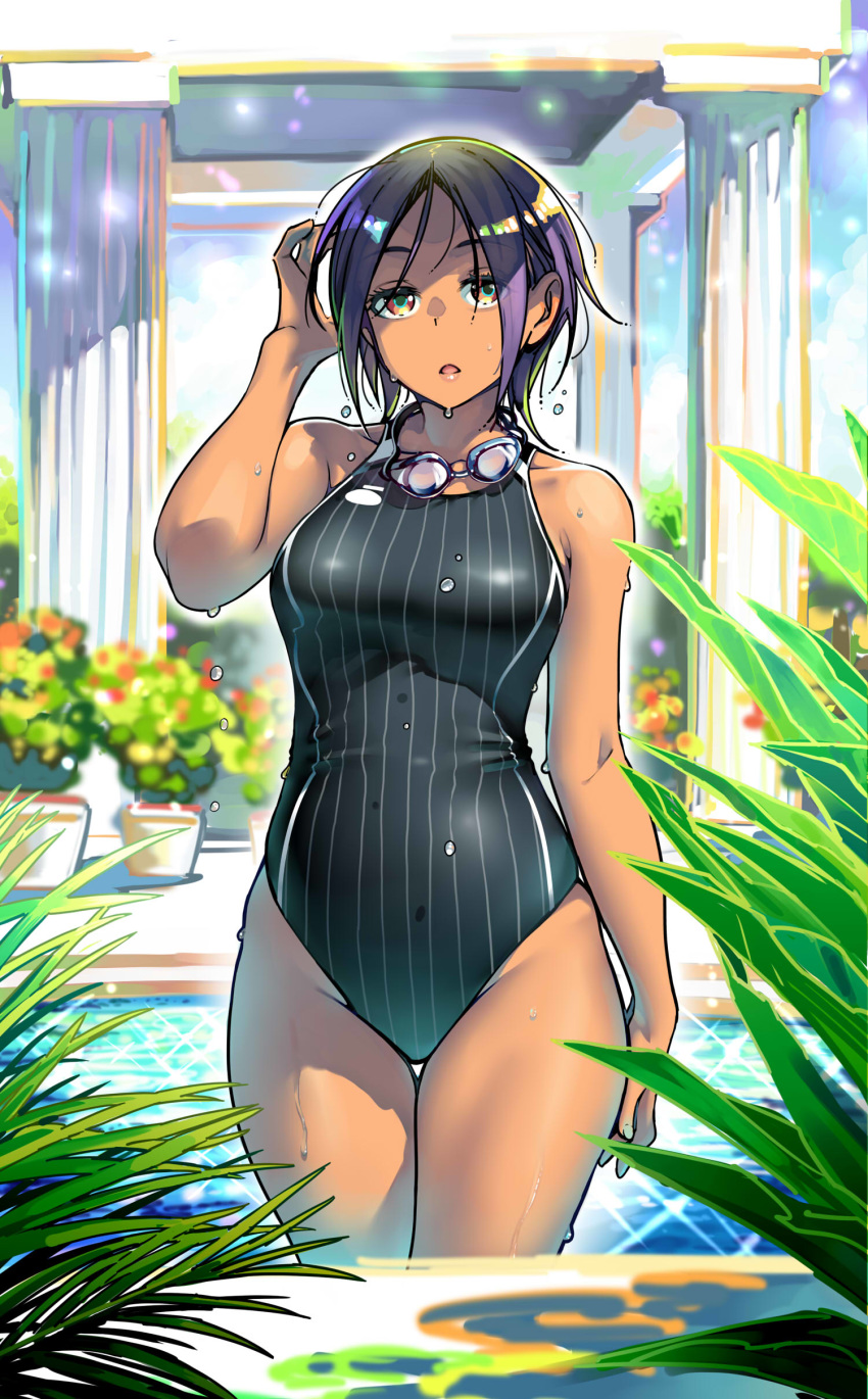 absurdres bangs blue_sky commentary_request competition_swimsuit cowboy_shot day dripping eyebrows_visible_through_hair eyes_visible_through_hair goggles goggles_around_neck highres indoors multicolored multicolored_eyes multicolored_hair one-piece_swimsuit original parted_bangs plant pool short_hair sidelocks sky solo swimsuit twinpoo water_drop window