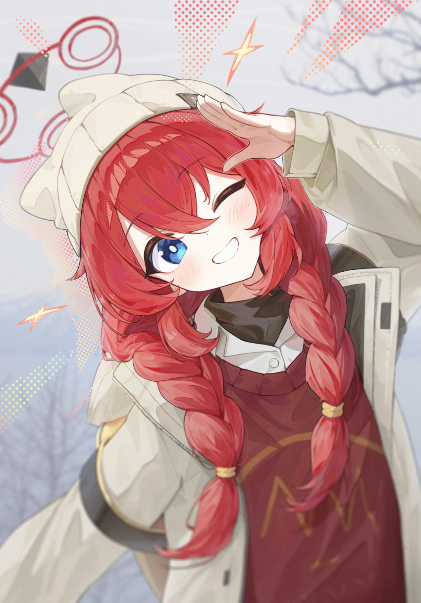 1girl absurdres beanie blue_archive blue_eyes blush braid clenched_teeth coat commentary hair_between_eyes halo hat highres long_hair looking_at_viewer maki_(blue_archive) maki_(camp)_(blue_archive) official_alternate_costume one_eye_closed open_clothes open_coat pellas_(panix2383) red_hair red_halo red_sweater salute shirt smile solo sweater symbol-only_commentary teeth twin_braids white_coat white_headwear white_shirt