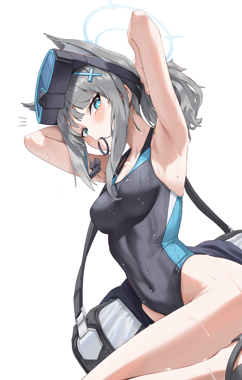 1girl absurdres animal_ears armpits arms_behind_head bag black_footwear blue_archive blue_eyes breasts commentary_request covered_navel cross_hair_ornament diving_mask diving_mask_on_head duffel_bag extra_ears from_below goggles goggles_on_head grey_hair grey_one-piece_swimsuit groin hair_ornament hair_tie_in_mouth halo highres looking_at_viewer looking_down mouth_hold notice_lines one-piece_swimsuit s.jeti sandals shiroko_(blue_archive) shiroko_(swimsuit)_(blue_archive) sidelocks simple_background swimsuit thighs tying_hair wet white_background