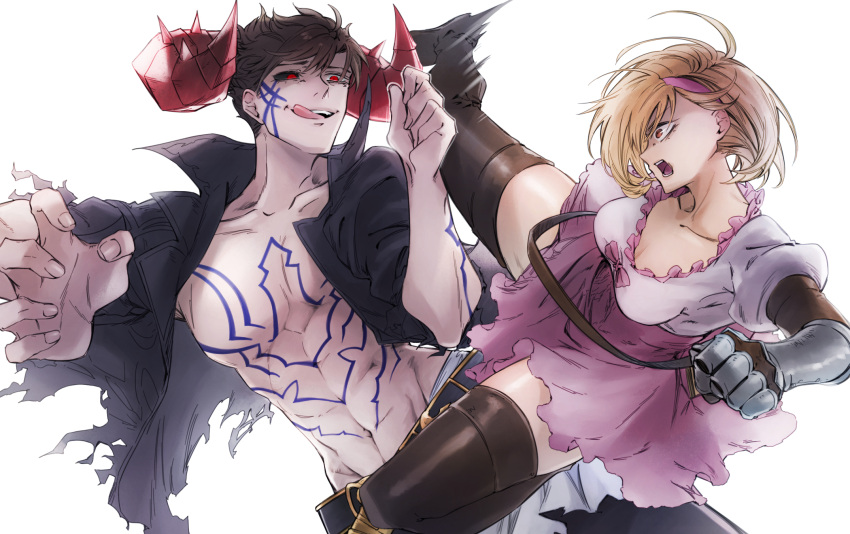 1boy 1girl :o abs angry arm_tattoo asatsuki_asagi belial_(granblue_fantasy) belt black_hair black_pants black_sclera black_shirt black_thighhighs blonde_hair bow breasts brown_eyes chest_tattoo collarbone colored_sclera djeeta_(granblue_fantasy) dress facial_mark frills gloves granblue_fantasy hairband highres horns kicking looking_at_another medium_breasts messy_hair mismatched_sclera muscular muscular_male open_clothes open_mouth open_shirt pants pink_bow pink_dress pink_hairband red_eyes red_horns roundhouse_kick shiny_clothes shiny_skin shirt short_dress short_hair simple_background spiked_horns tattoo thighhighs tongue tongue_out white_background wide-eyed zettai_ryouiki