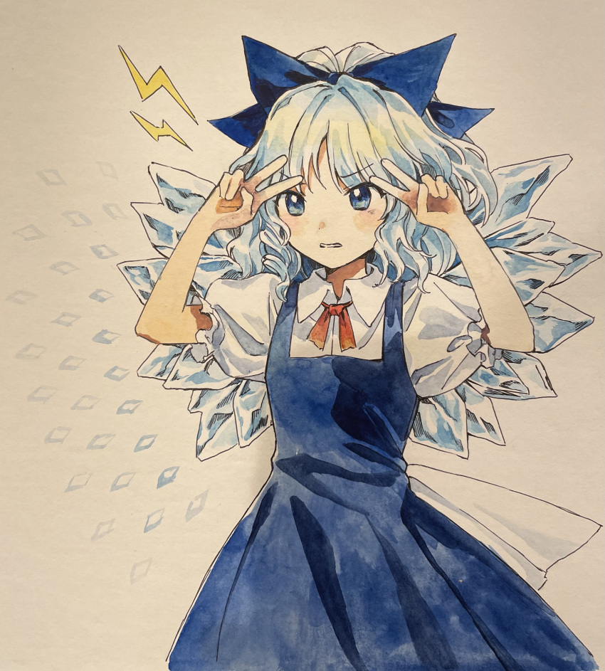 1girl absurdres blue_bow blue_dress blue_eyes blue_hair blush bow cirno collared_shirt dress fairy hair_bow highres ice ice_wings kaigen_1025 open_mouth pinafore_dress puffy_short_sleeves puffy_sleeves shirt short_hair short_sleeves sleeveless sleeveless_dress solo touhou traditional_media white_shirt wings