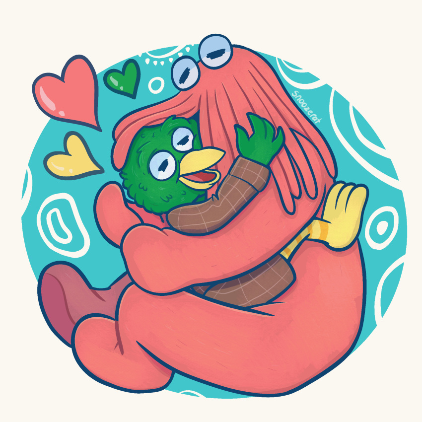 &lt;3 2022 3_toes 4_fingers anatid anseriform anthro avian beak bird border bottomwear brown_bottomwear brown_clothing brown_shorts brown_suit clothed clothing don't_hug_me_i'm_scared duck duck_guy_(dhmis) duo embrace feathers feet fingers green_body green_feathers hi_res hug larger_male male male/male monster pattern_background red_body red_guy_(dhmis) shorts simple_background size_difference smaller_male snoozerat suit toes white_border yellow_beak yellow_legs