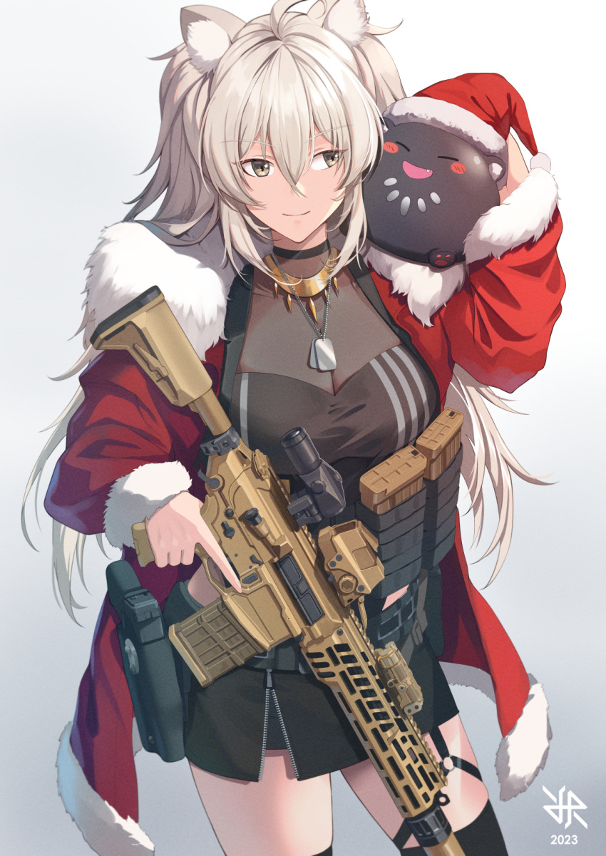 1girl ahoge animal_ear_fluff animal_ears assault_rifle black_shirt black_skirt breasts check_weapon cleavage coat dog_tags fur-trimmed_coat fur_trim glock grey_eyes grey_hair gun handgun hat highres hiroki_ree hololive holster large_breasts lion_ears lion_girl long_hair optical_sight red_coat red_headwear rifle santa_costume santa_hat shirt shishiro_botan shishiro_botan_(1st_costume) sig_mcx skirt smile ssrb_(shishiro_botan) thigh_holster thighs trigger_discipline virtual_youtuber weapon white_eyes white_hair