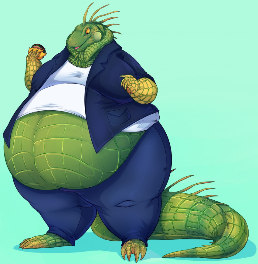 anthro barefoot belly belly_overhang big_belly burger claws clothed clothing double_chin food fully_clothed head_spines holding_food holding_object iguana lizard love_handles male moobs obese obese_male open_mouth oreocakes overweight reptile scalie solo standing tail_spines thick_tail thick_thighs toe_claws tongue yellow_eyes