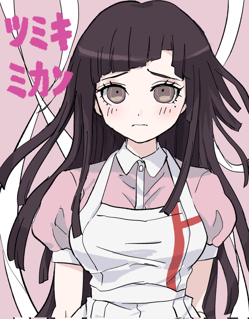 1girl apron black_hair blush breasts brown_eyes collared_shirt danganronpa_(series) danganronpa_2:_goodbye_despair highres large_breasts long_hair mole mole_under_eye pink_background pink_shirt puffy_short_sleeves puffy_sleeves ringo_(mk1104-toatales) shirt short_sleeves simple_background solo translation_request tsumiki_mikan upper_body white_apron