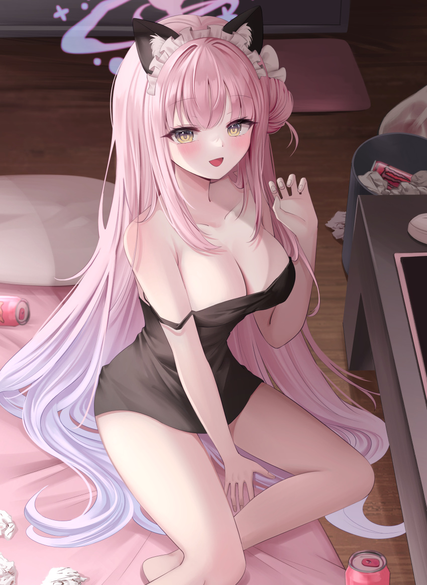 1girl absurdres animal_ears black_camisole blue_archive blush breasts camisole can cat_ears cleavage collarbone drink_can fake_animal_ears floor hair_bun halo highres iyusei_02 large_breasts long_hair looking_at_viewer mika_(blue_archive) monster_energy open_mouth pink_hair pink_halo single_side_bun smile solo used_tissue yellow_eyes