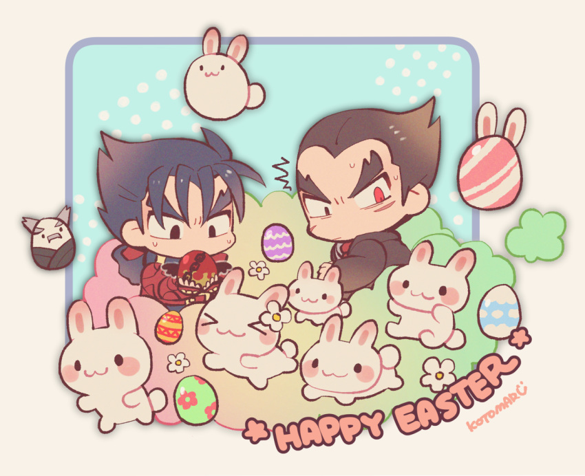 2boys animal black_eyes black_hair chain chibi closed_mouth easter easter_egg egg flower happy_easter holding holding_egg hood hood_down jacket kazama_jin kotorai mishima_heihachi mishima_kazuya multiple_boys necktie no_nose rabbit red_eyes red_jacket red_necktie scar scar_on_cheek scar_on_face signature surprised sweatdrop tekken thick_eyebrows v-shaped_eyebrows white_flower white_rabbit_(animal) wings