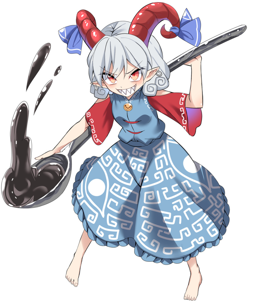 1girl barefoot blue_dress blue_ribbon blush curled_horns dress e.o. earrings frilled_dress frills full_body grey_hair grin highres holding holding_spoon horn_ornament horn_ribbon horns jewelry oversized_object pointy_ears red_eyes red_horns ribbon sharp_teeth sheep_horns short_hair simple_background smile solo spoon teeth touhou toutetsu_yuuma white_background