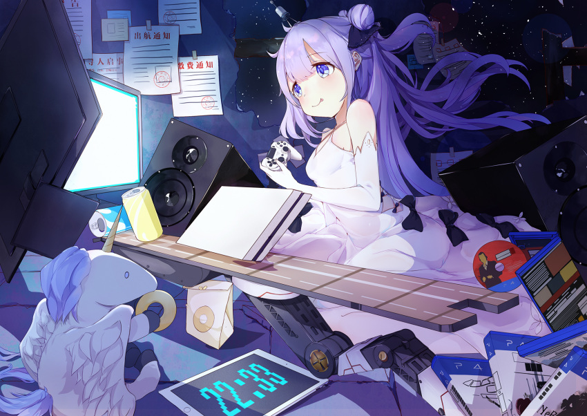 999kun :p azur_lane bangs blue_eyes can cd cd_case clock closed_mouth commentary controller digital_clock dress elbow_gloves evening_gown eyebrows_visible_through_hair game_console game_controller gloves hair_between_eyes hair_ribbon highres long_hair one_side_up playstation_4 purple_hair ribbon sitting smile soda_can solo speaker stuffed_animal stuffed_toy stuffed_unicorn television tongue tongue_out unicorn_(azur_lane) wariza white_dress white_gloves