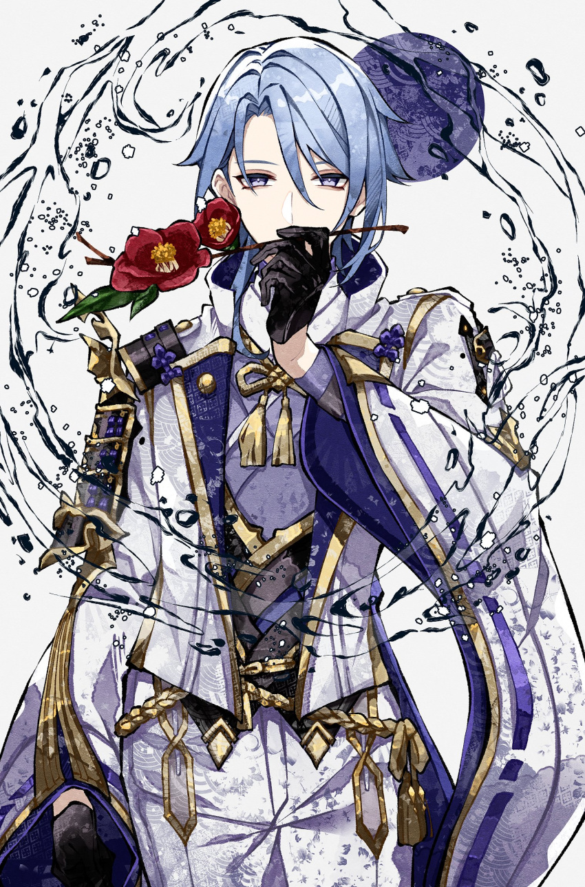 1boy agemaki_knot arm_at_side armor asymmetrical_hair black_armor black_corset black_gloves blue_hair cha_hanare chinese_knot corset covering_mouth cowboy_shot flower genshin_impact gloves gold_tassel gold_trim grey_background hair_between_eyes half_gloves hand_up highres holding holding_flower jacket japanese_armor japanese_clothes kamisato_ayato long_sleeves looking_at_viewer male_focus medium_hair pants popped_collar purple_eyes purple_shirt red_flower shirt single_sode solo tassel two-sided_sleeves water white_jacket white_pants wide_sleeves