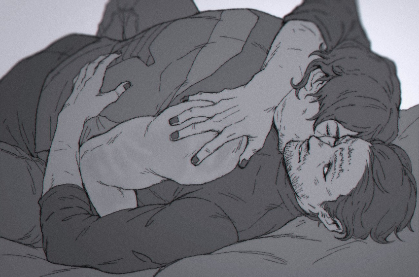 2boys bara bed closed_eyes couple death_stranding facial_hair facial_mark greyscale hamms_hamss higgs_(death_stranding) looking_at_another lying male_focus monochrome multiple_boys muscular muscular_male nail_polish on_back on_bed pants sam_porter_bridges shirt short_hair smile tank_top yaoi