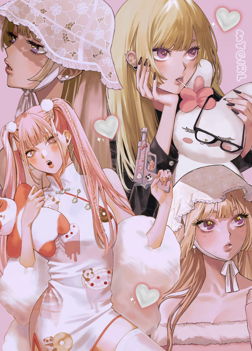 4girls black-framed_eyewear black_nails black_shirt blonde_hair blunt_bangs bow braid chinese_clothes dress earrings glasses gun hand_on_own_face hat heart highres holding holding_gun holding_weapon jewelry long_eyelashes long_hair looking_at_viewer looking_to_the_side meu_oo multiple_girls open_mouth original pink_background pink_bow pink_hair pink_lips purple_eyes rabbit red_nails shirt simple_background standing stuffed_toy thighhighs toy twintails weapon white_dress white_headwear white_thighhighs