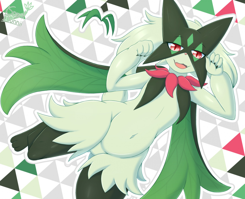 ambiguous_gender anthro biped fur generation_9_pokemon green_body green_fur hi_res looking_at_viewer meowscarada navel nintendo open_mouth pokemon pokemon_(species) pupils red_eyes simple_background slit_pupils snackbunnii solo