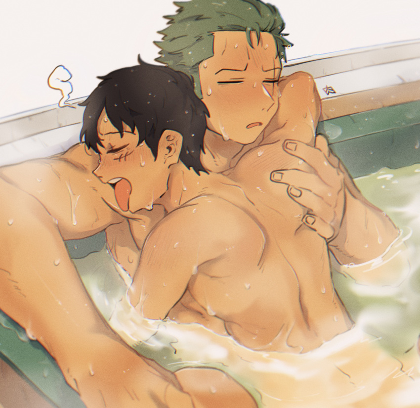 2boys akr29 arm_rest back black_hair blush closed_eyes completely_nude couple green_hair hand_on_another's_back highres hug leaning_back licking licking_armpit male_focus monkey_d._luffy multiple_boys muscular muscular_male nude one_eye_closed one_piece open_mouth partially_submerged pool puff_of_air roronoa_zoro scar scar_across_eye scar_on_cheek scar_on_face short_hair sideburns tongue tongue_out upper_body wet yaoi