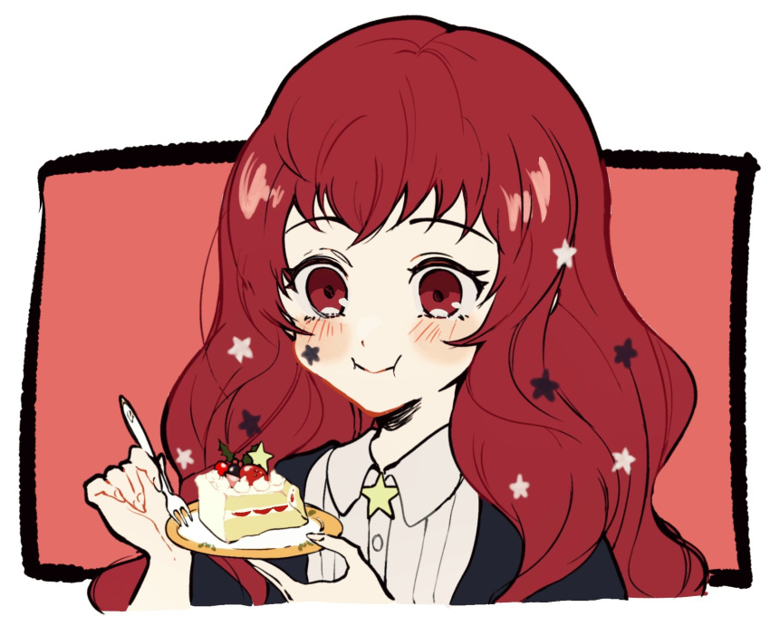 1girl birthday_cake blush cake cake_slice closed_mouth facial_mark fire_emblem fire_emblem_engage food fork hair_ornament highres holding holding_fork long_hair oda32t plate red_eyes red_hair simple_background solo star_(symbol) star_hair_ornament yunaka_(fire_emblem)