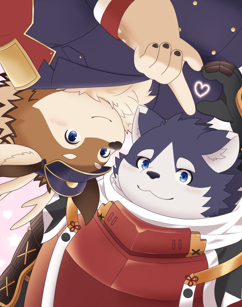 &lt;3 absurd_res anthro antlers armor blue_eyes blush brown_body brown_fur canid canine canis clothing deer domestic_dog duo fur gesture grey_body grey_fur gulf_rp hand_heart harima hat headgear headwear hi_res horn kazusa male male/male mammal overweight tamacolle