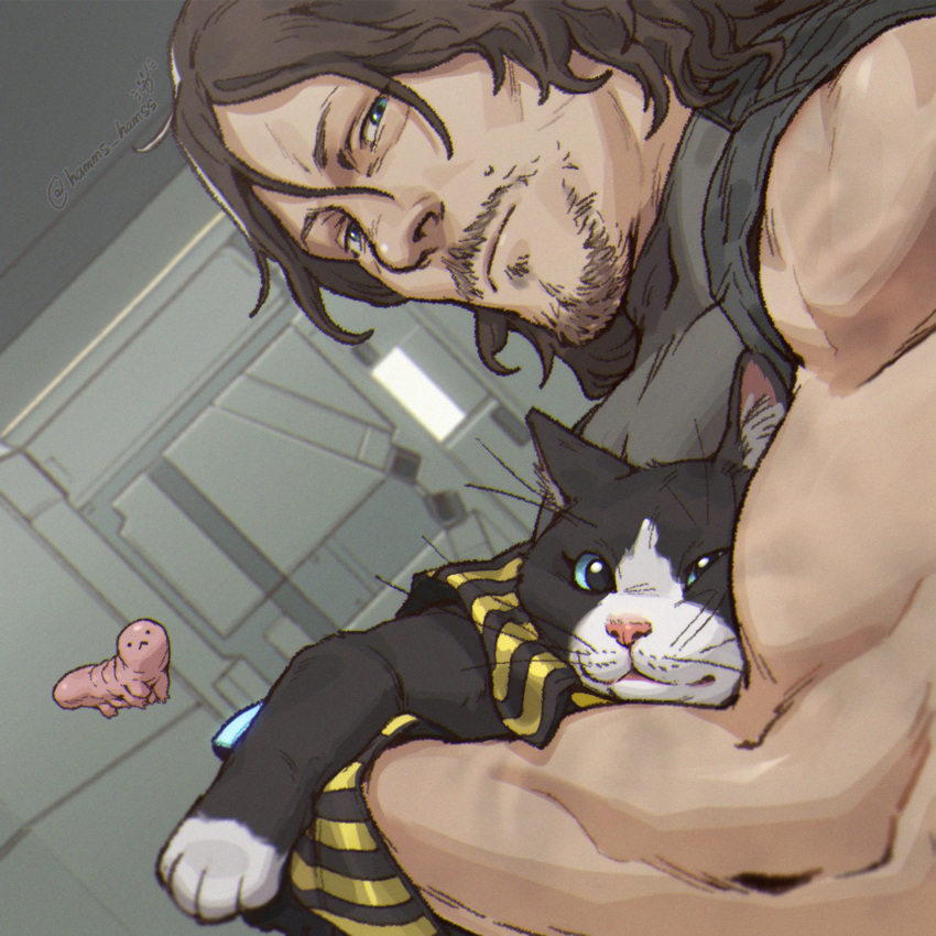 1boy animal black_cat black_hair black_scarf black_tank_top blue_eyes cat closed_mouth death_stranding facial_hair hamms_hamss highres holding holding_animal looking_at_viewer male_focus muscular muscular_male sam_porter_bridges scarf short_hair tank_top two-tone_scarf worm yellow_scarf