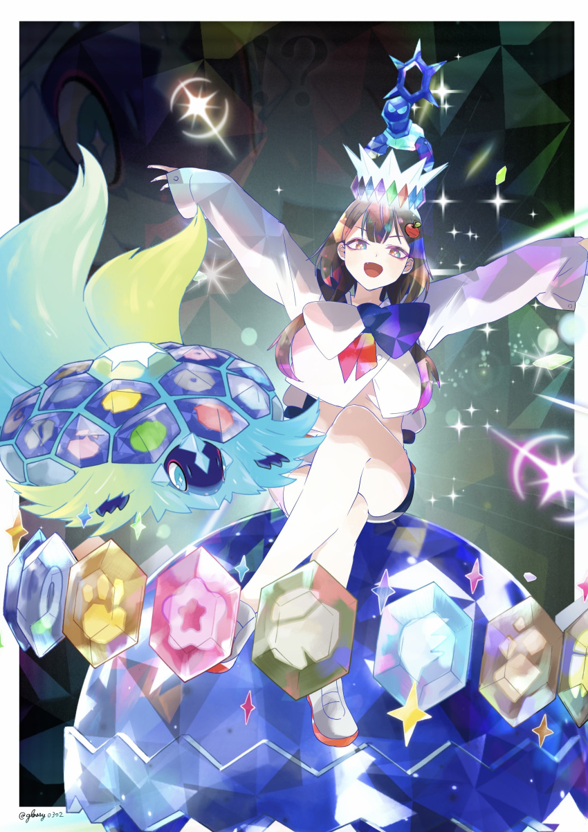absurdres border breasts brown_hair commentary_request crossed_legs crystal fang food-themed_hair_ornament glassy0302 hair_ornament highres huge_breasts kuraishi_rinngo long_hair open_mouth pokemon pokemon_(creature) sitting sleeves_past_wrists sparkle spoilers terapagos terapagos_(normal) terapagos_(stellar) terapagos_(terastal) turtle white_border white_sleeves