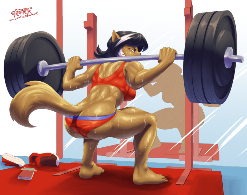 absurd_res anthro barbell big_breasts big_butt black_hair breasts brown_eyes butt cat clothed clothing crouching digital_media_(artwork) exercise felina_feral feline female footwear fur hair hanna-barbera hardtones hi_res looking_at_viewer looking_back mammal muscular muscular_female muscular_thighs pltnm06ghost shoes simple_background solo swat_kats sweat weightlifting weights workout