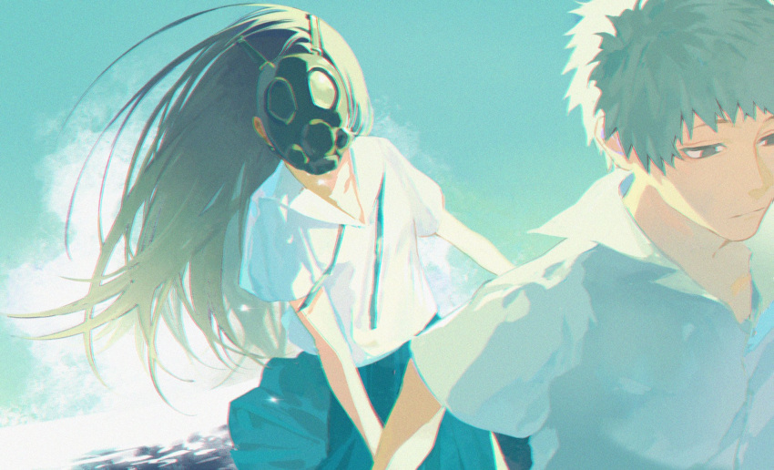 1boy 1girl black_eyes black_hair blue_skirt blue_sky character_request check_character chromatic_aberration closed_mouth cloud collared_shirt commentary_request covered_face expressionless film_grain floating_hair following gas_mask grey_hair half-closed_eyes highres hino_seitarou holding_hands kurai_heya long_hair looking_down mask neck_ribbon oshikawa_keiko pleated_skirt ribbon shirt short_hair short_sleeves sidelighting skirt sky tuzaixia undone_neck_ribbon
