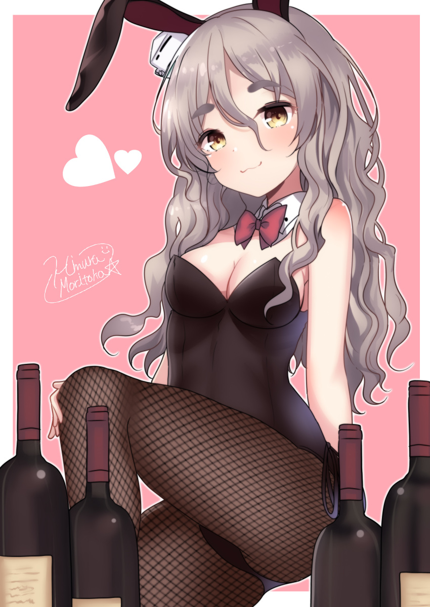 1girl :3 absurdres alcohol animal_ears black_leotard black_pantyhose blush border bow bowtie breasts brown_eyes covered_navel detached_collar fake_animal_ears fake_tail fishnet_pantyhose fishnets grey_hair hair_between_eyes hat highres himura_moritaka kantai_collection leotard long_hair pantyhose pink_background playboy_bunny pola_(kancolle) rabbit_ears rabbit_tail signature sitting small_breasts smile solo strapless strapless_leotard tail traditional_bowtie wavy_hair white_border wine wrist_cuffs