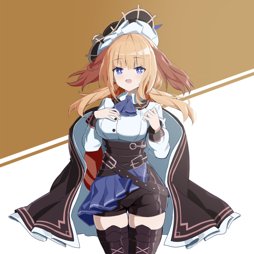 1girl ascot black_cape black_headwear black_shorts black_thighhighs blonde_hair blue_ascot blue_eyes blue_skirt breasts brown_background cape chinese_commentary collared_shirt commentary_request crm floating_hair highres large_breasts long_hair long_sleeves looking_at_viewer open_mouth pleated_skirt rimworld shirt shorts simple_background skirt solo teeth thigh_gap thighhighs upper_teeth_only white_background white_shirt
