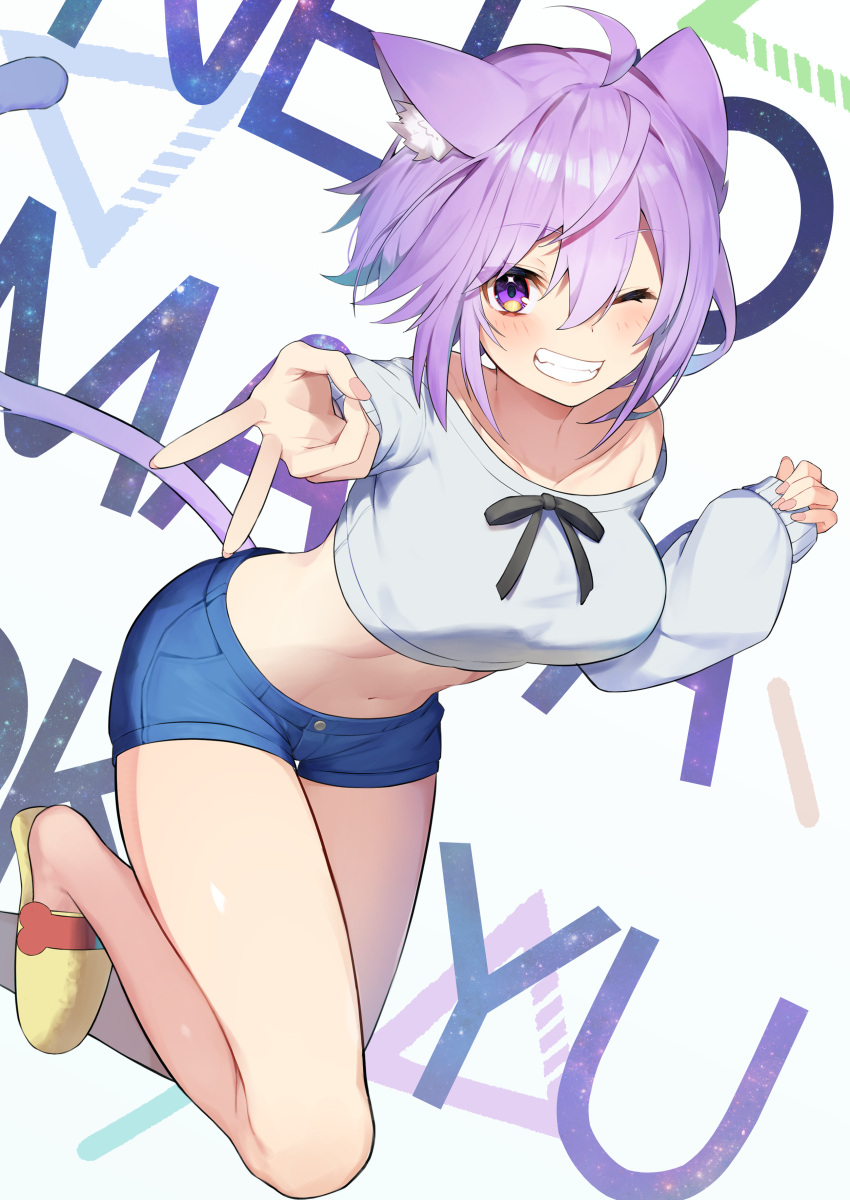 1girl absurdres ahoge akuto_(akuto_desu) animal_ear_fluff animal_ears bare_legs blue_shorts breasts cat_ears cat_girl cat_tail collarbone crop_top grin hair_between_eyes highres hololive long_sleeves looking_at_viewer medium_breasts medium_hair midriff navel nekomata_okayu one_eye_closed purple_eyes purple_hair short_shorts shorts sleeves_past_wrists slippers smile solo stomach tail thigh_gap virtual_youtuber white_background