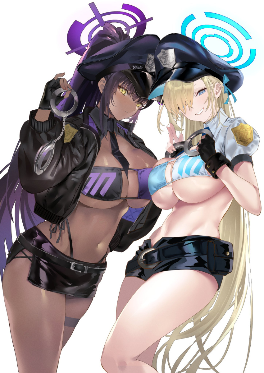 2girls asuna_(blue_archive) bikini black_bikini black_gloves black_hair blonde_hair blue_archive blue_eyes blue_ribbon blush breasts cuffs dark-skinned_female dark_skin fingerless_gloves gloves grin hair_over_one_eye hair_ribbon halo handcuffs hat highres hitaki_yuu holding holding_handcuffs jacket karin_(blue_archive) large_breasts long_hair looking_at_viewer midriff multiple_girls navel open_clothes police police_badge police_hat police_uniform policewoman ponytail ribbon short_shorts shorts simple_background smile stomach swimsuit uniform very_long_hair white_background yellow_eyes