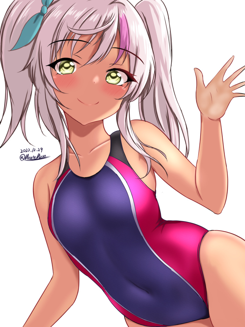 1girl blue_one-piece_swimsuit comandante_cappellini_(kancolle) competition_swimsuit covered_navel cowboy_shot dark-skinned_female dark_skin dated green_eyes highres kantai_collection long_hair looking_at_viewer montemasa multicolored_clothes multicolored_hair multicolored_swimsuit navel one-piece_swimsuit pink_hair pink_one-piece_swimsuit smile solo streaked_hair swimsuit twintails twitter_username two-tone_swimsuit