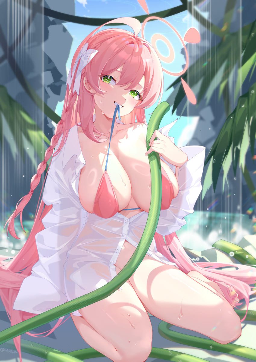 1girl absurdres ahoge akovo barefoot bikini blue_archive braid collarbone day green_eyes grin hair_between_eyes halo hanako_(blue_archive) hanako_(swimsuit)_(blue_archive) highres holding holding_hose hose long_hair looking_at_viewer official_alternate_costume pink_bikini pink_hair pink_halo see-through see-through_shirt shirt single_braid smile solo swimsuit wet wet_clothes wet_shirt white_shirt