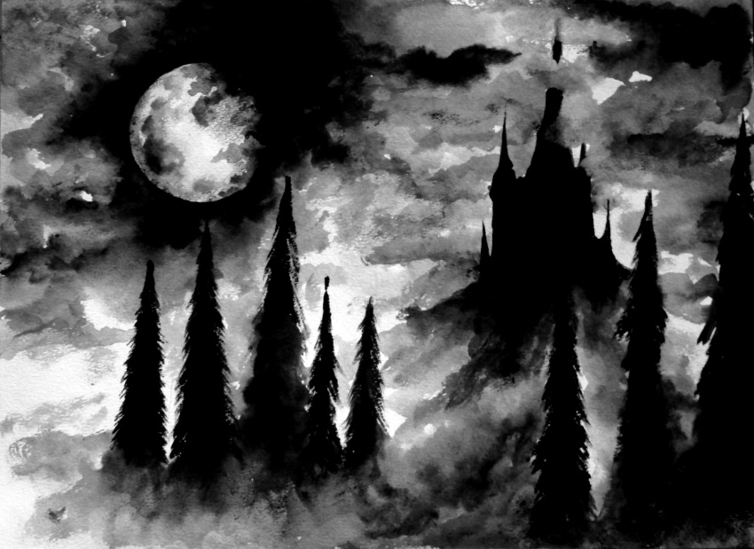 absurdres black_metal castle cloud cloudy_sky commentary english_commentary fog forest full_moon greyscale heavy_metal highres hill monochrome moon nature night night_sky no_humans original outdoors pine_tree priestofterror scenery silhouette sky tree