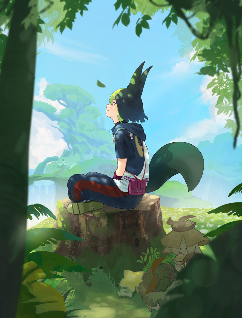 1boy absurdres animal_ears aranara_(genshin_impact) black_hair blue_hair blue_pants blue_sky blunt_bangs blurry blurry_foreground blush branch brown_eyes closed_mouth cloud commentary_request day flower fox_boy fox_ears fox_tail genshin_impact gradient_hair grass green_eyes green_hair hair_between_eyes highres hood hood_down hoodie leaf male_focus mmmimoza_5 moss mountain multicolored_clothes multicolored_eyes multicolored_hair mushroom outdoors pants plant pouch profile purple_sash sash short_hair short_sleeves sitting sitting_on_tree_stump sky smile starshroom_(genshin_impact) streaked_hair tail tighnari_(genshin_impact) tree tree_stump vines water waterfall white_flower