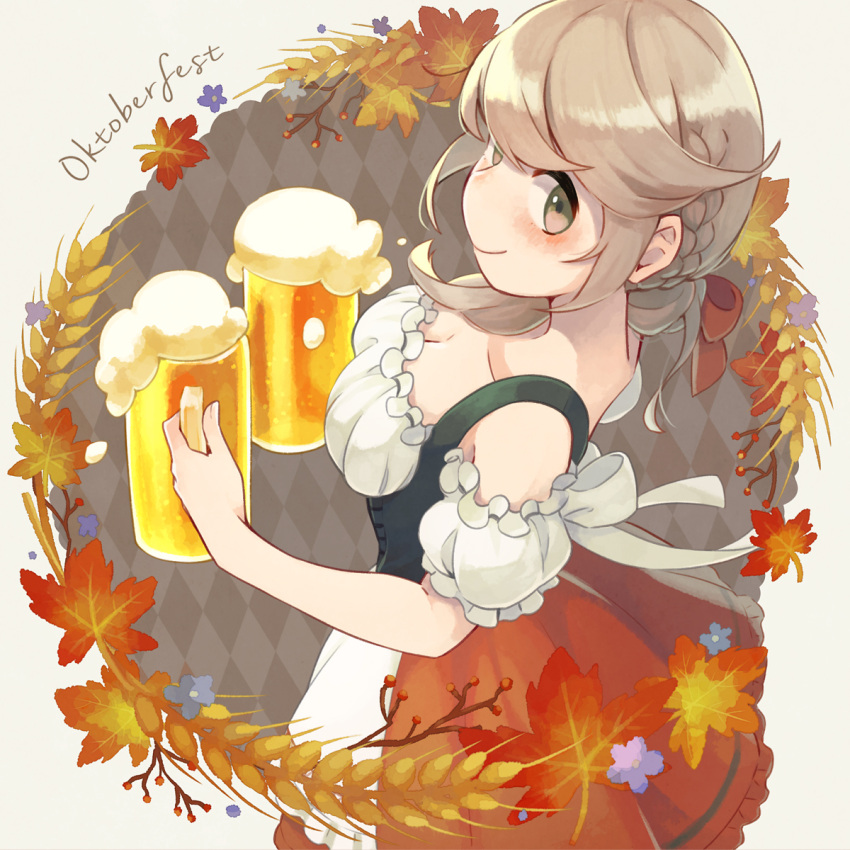 1girl alcohol autumn_leaves beer blush braid breasts brown_eyes brown_hair cleavage closed_mouth cup from_above from_side highres holding holding_cup long_hair looking_at_viewer mug oktoberfest original red_skirt shifumame skirt smile solo wheat